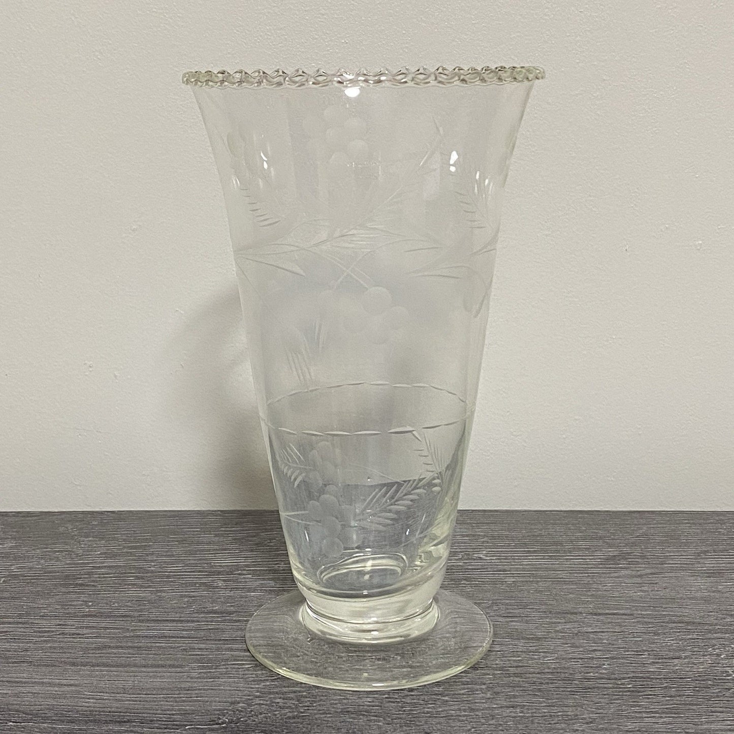 Vintage Crystal Cut Glass Clear Round Floral Art Deco Flared Rimmed Edge Vase