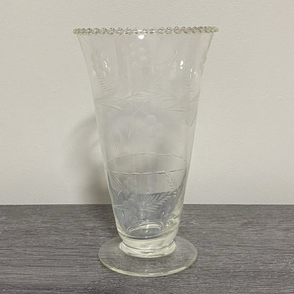 Vintage Crystal Cut Glass Clear Round Floral Art Deco Flared Rimmed Edge Vase