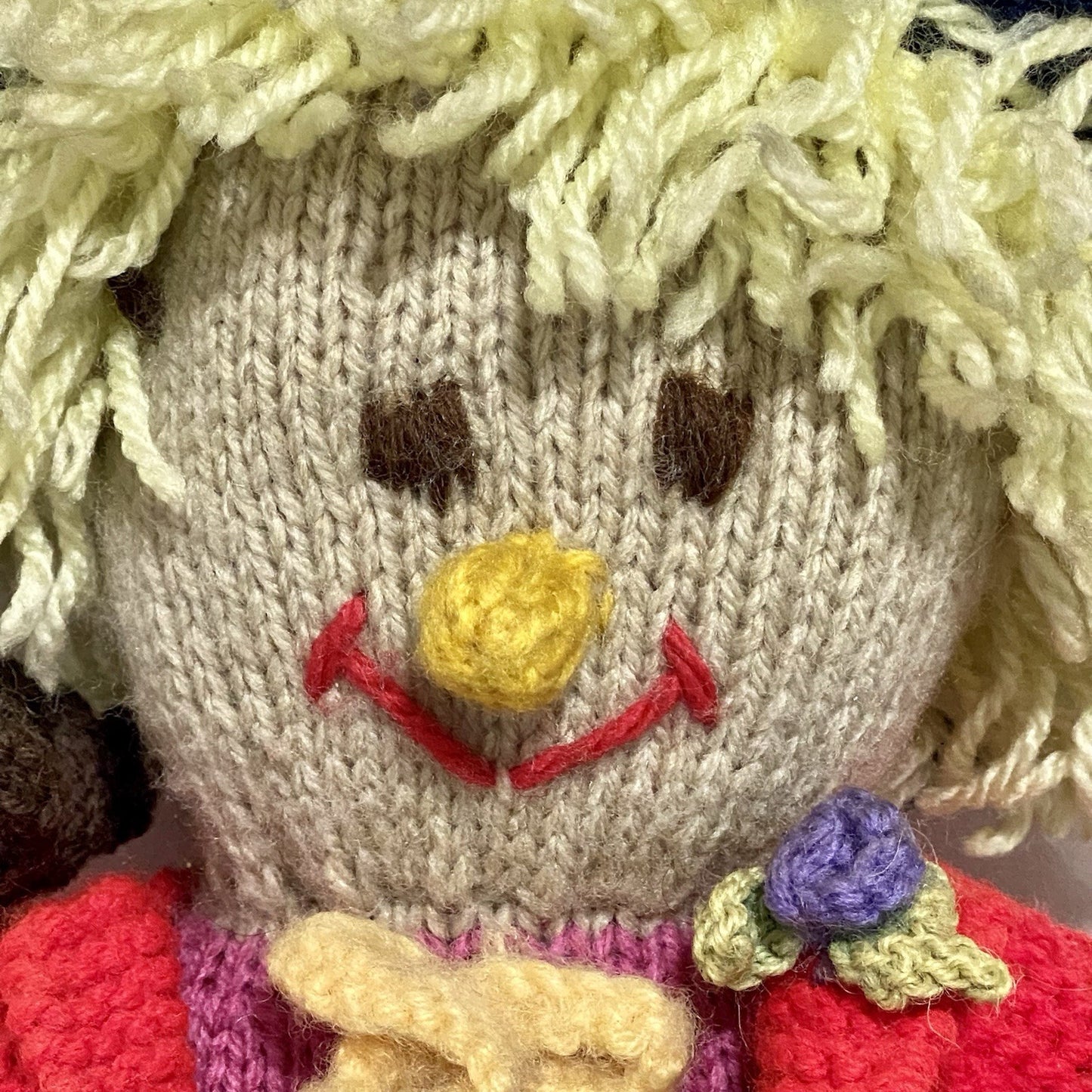 Vintage Hand Knitted Scarecrow Doll Collectible Soft Toy With Bird On Shoulder