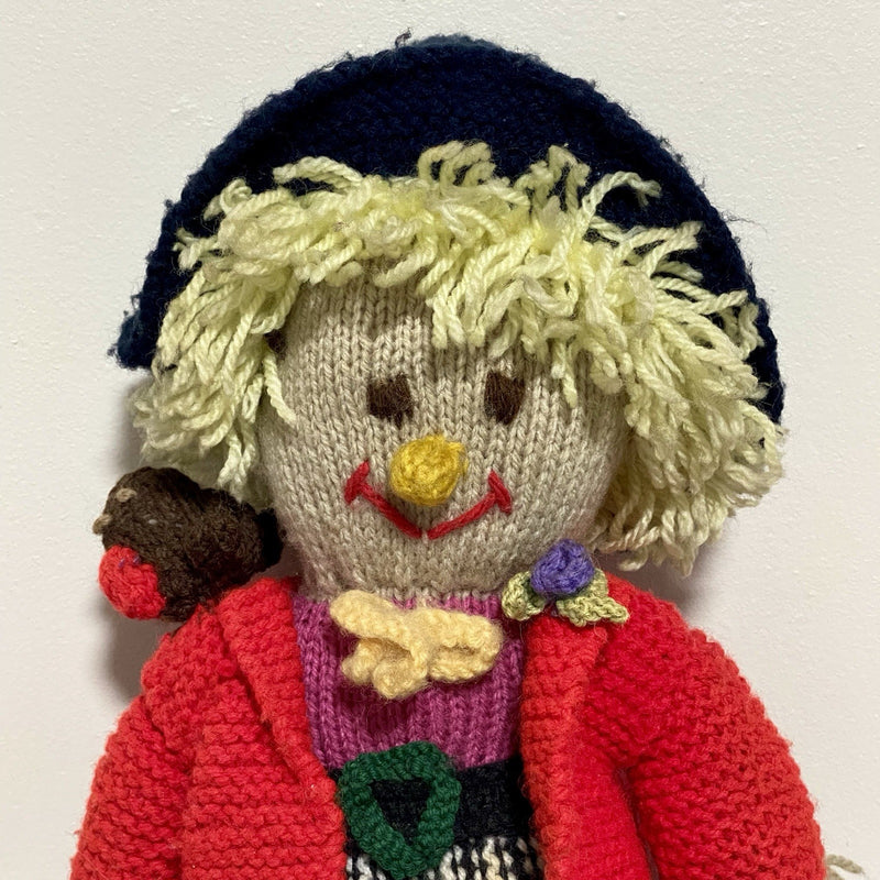 Vintage Hand Knitted Scarecrow Doll Collectible Soft Toy With Bird On Shoulder