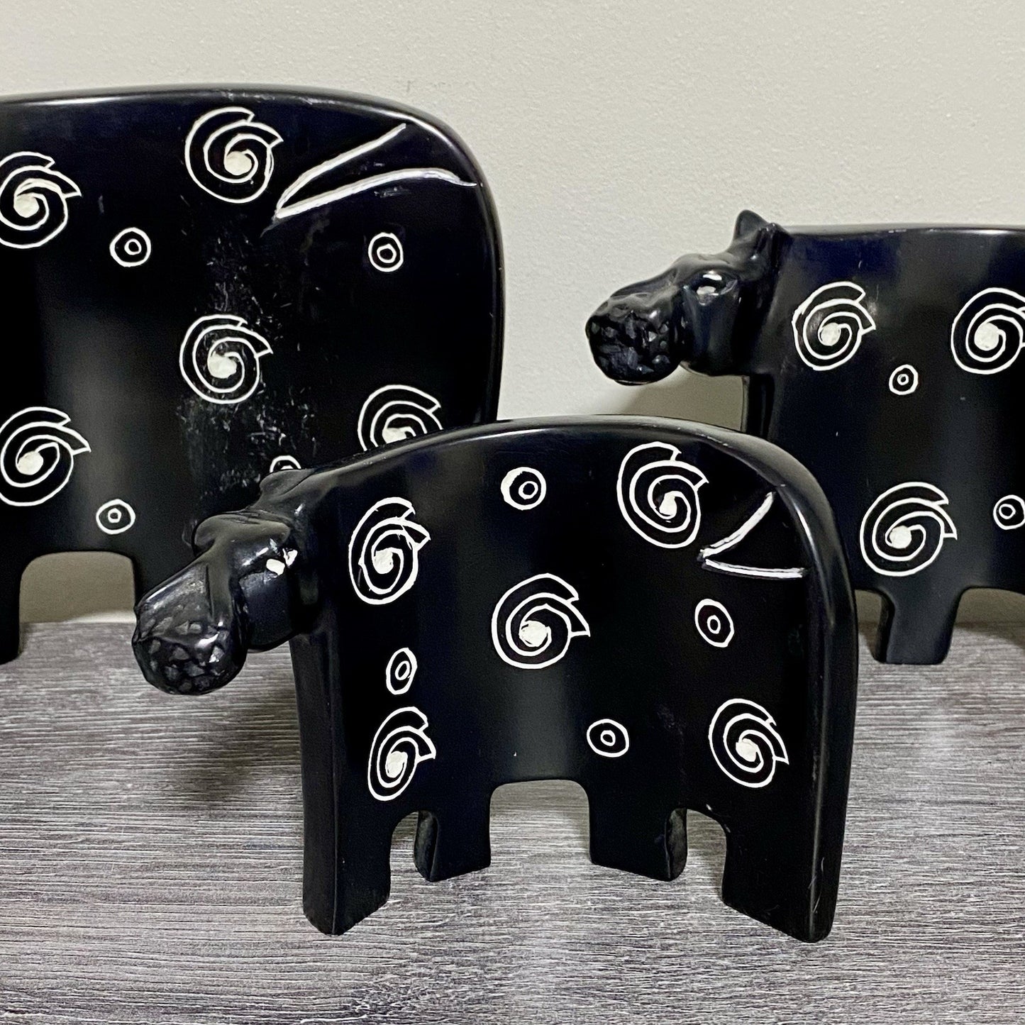 Hippo Sculpture Figurine Art Deco Soapstone 3 Piece Set Handmade Made In Kenya