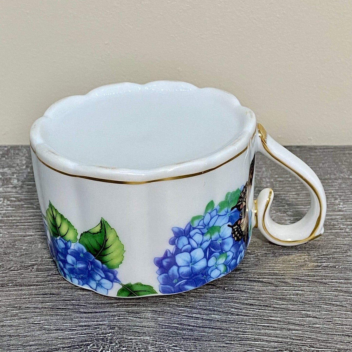 Stackable Tea Cup Coffee Mug Decorative Floral Butterfly Hydrangeas Gold Trim