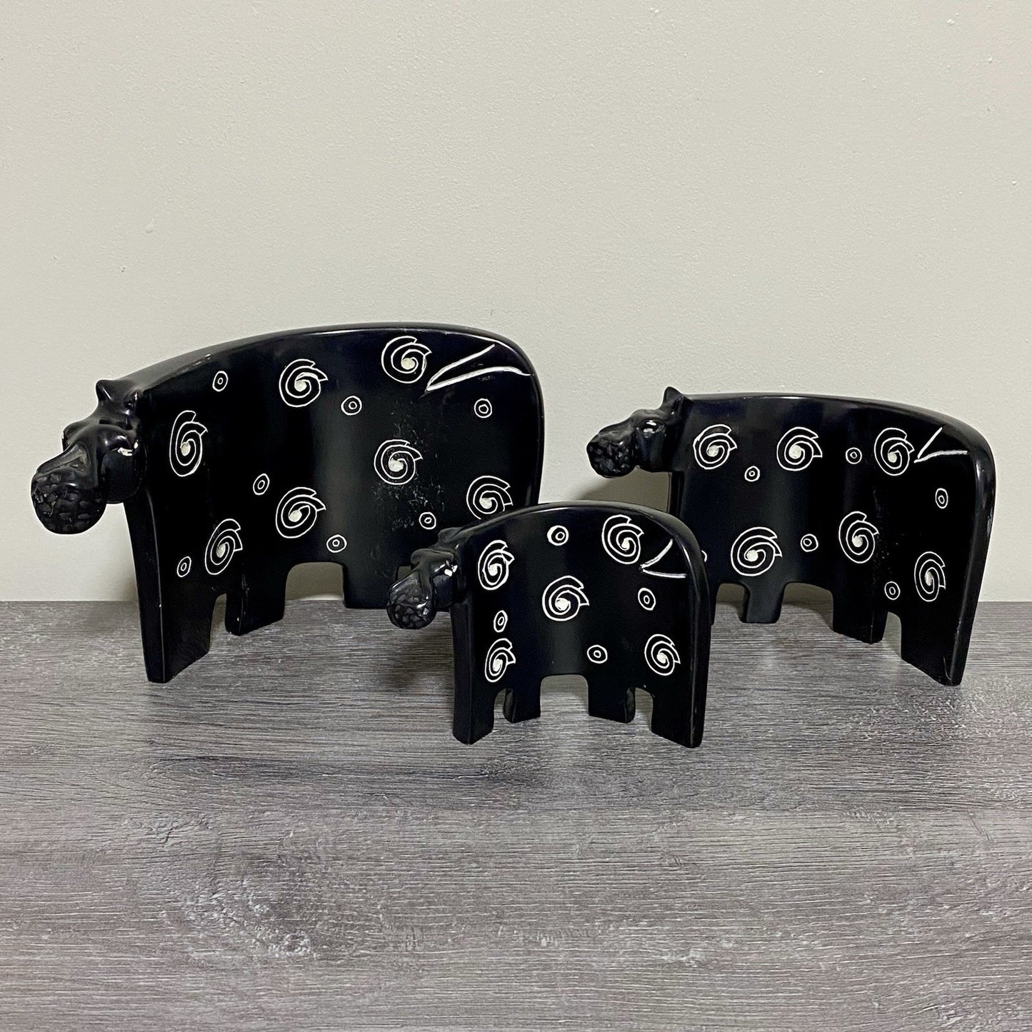 Hippo Sculpture Figurine Art Deco Soapstone 3 Piece Set Handmade Made In Kenya