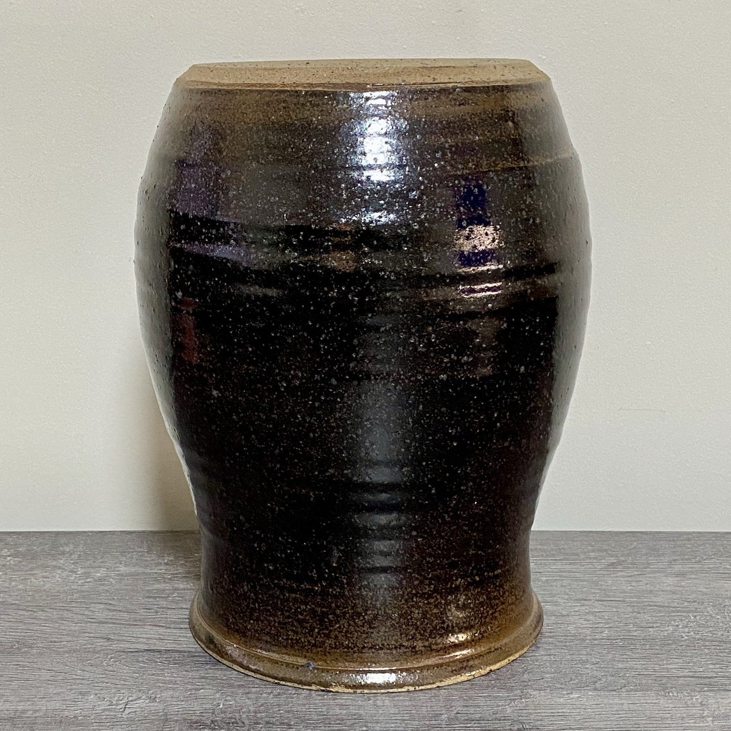 Vintage Large Round Stone Stoneware Pottery Pot Crown Symbol Brown No Lid Rare