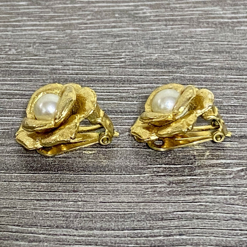 Vintage Gold Tone Clip On Earrings 80s 90s Floral Pearl Ball Jewellery Pair Set