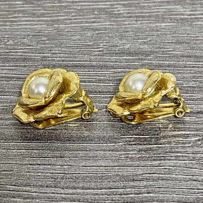 Vintage Gold Tone Clip On Earrings 80s 90s Floral Pearl Ball Jewellery Pair Set