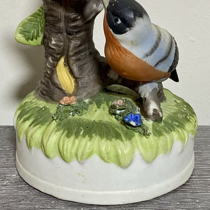 Vintage Bullfinch Birds Figurine On Tree Stump Floral Art Deco Garden Bird Fig