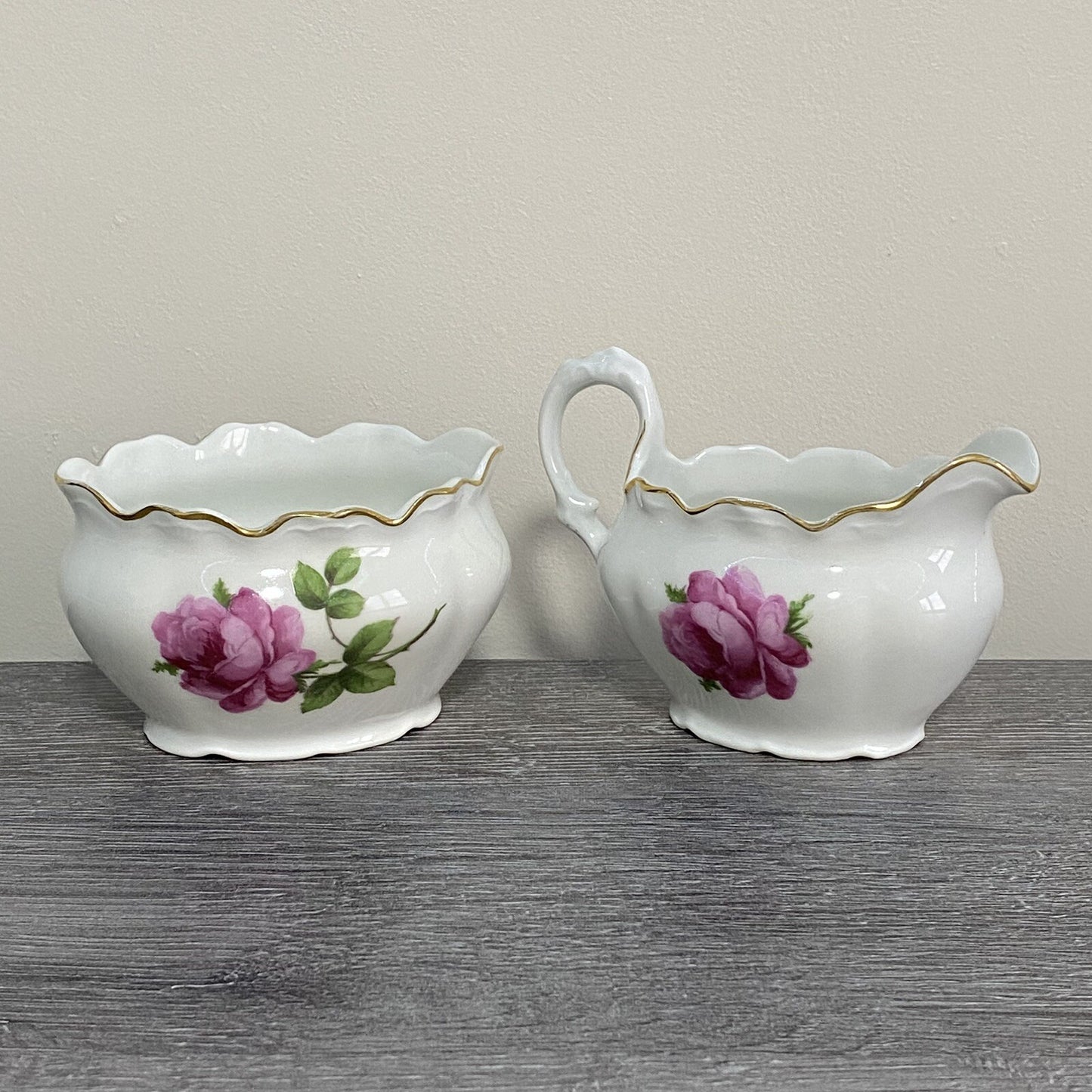 Vintage Bavaria Sugar Bowl & Creamer Jug Set Wild Rose Floral Design Gold Trim