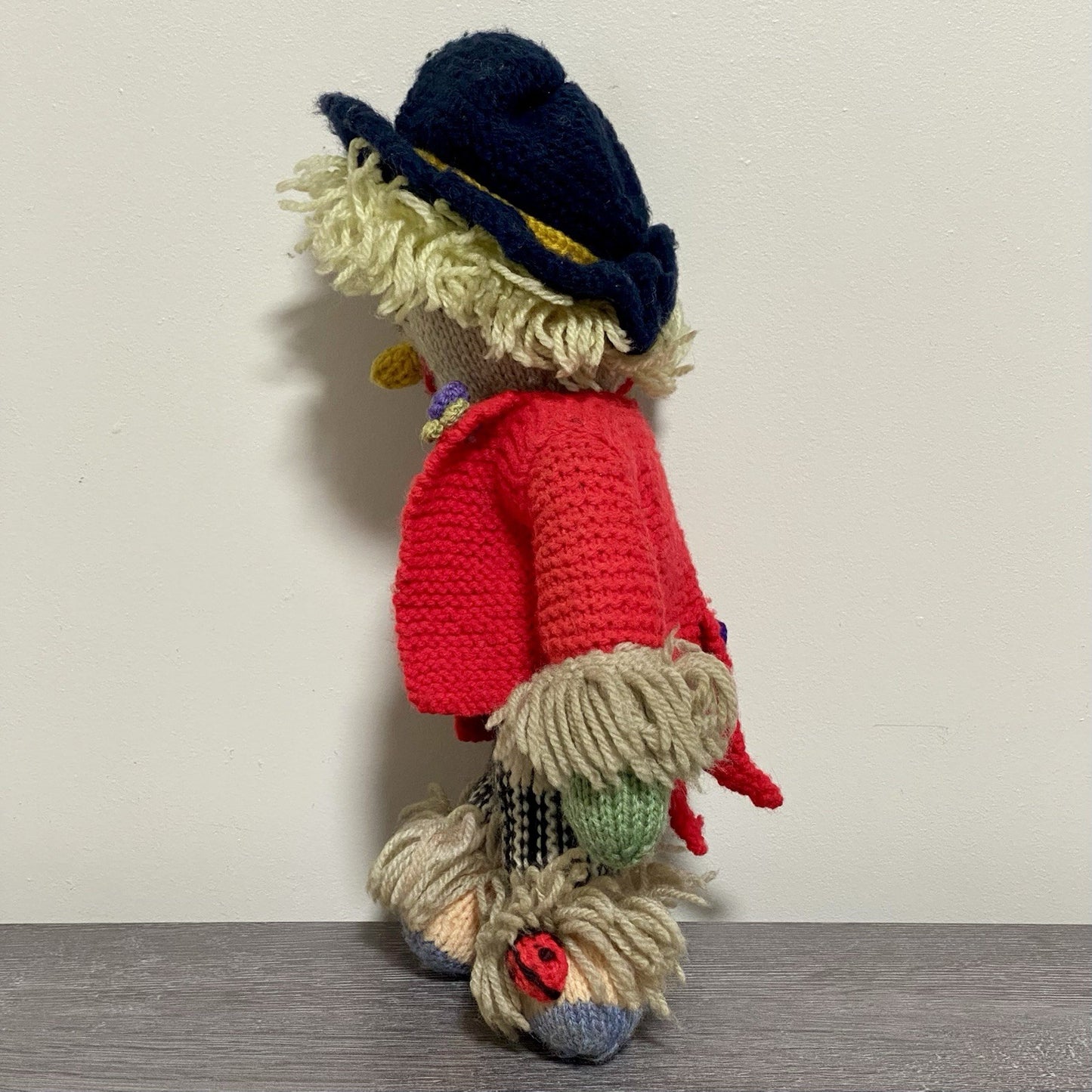Vintage Hand Knitted Scarecrow Doll Collectible Soft Toy With Bird On Shoulder