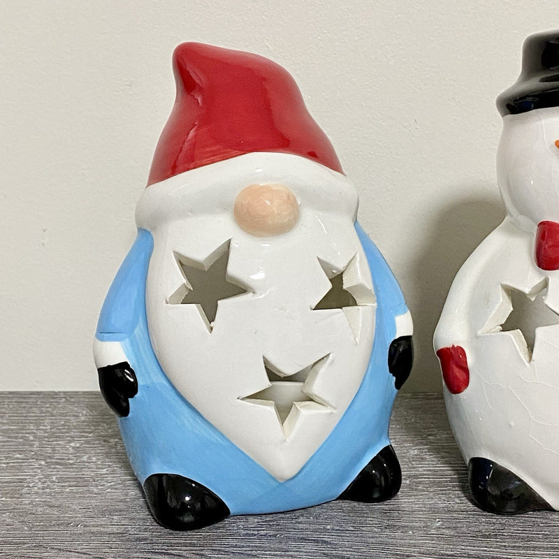 Christmas Tea Light Candle Holder Santa & Snowman Set Of 2 Xmas Decoration Pair