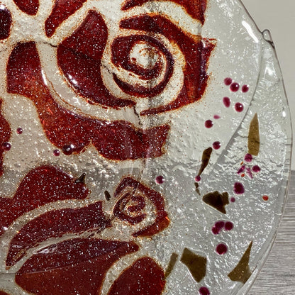 Studio Art Deco Glass Round Plate Bowl Dish Abstract Floral Rose Red Clear Rare