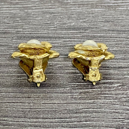 Vintage Gold Tone Clip On Earrings 80s 90s Floral Pearl Ball Jewellery Pair Set
