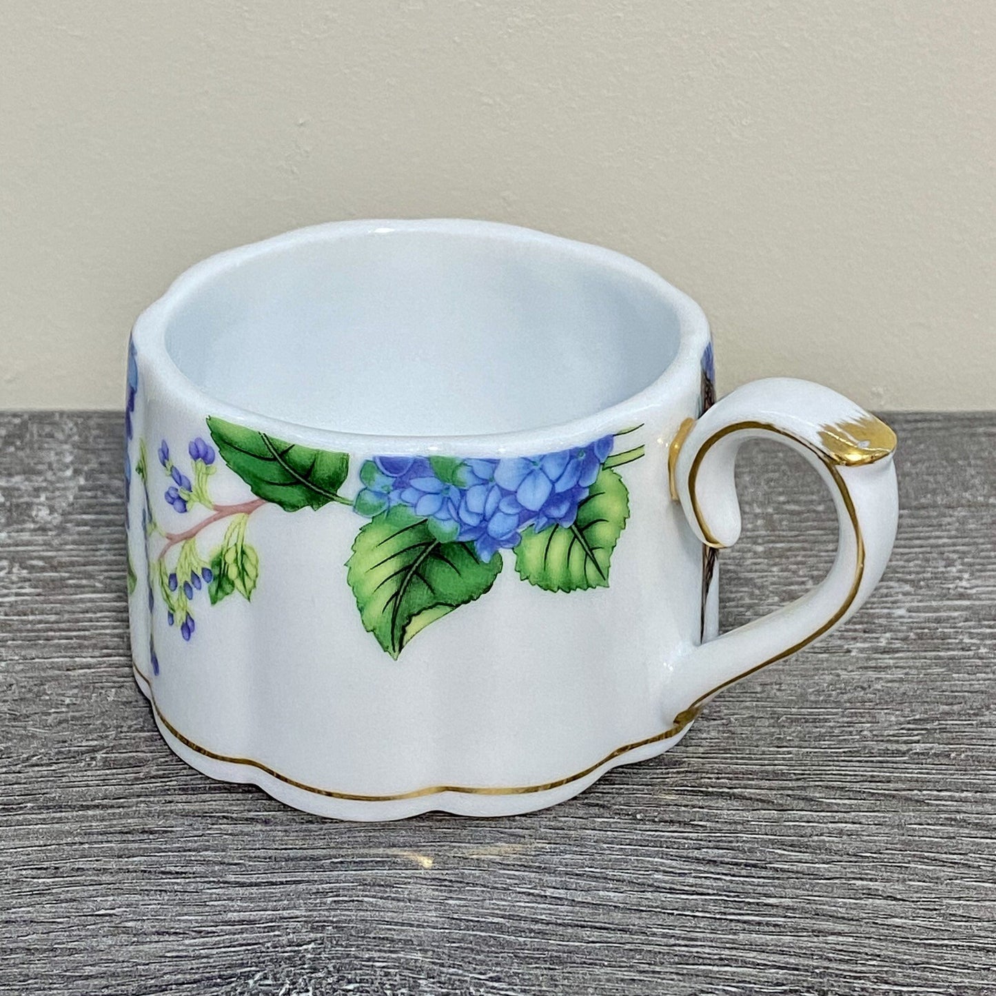 Stackable Tea Cup Coffee Mug Decorative Floral Butterfly Hydrangeas Gold Trim