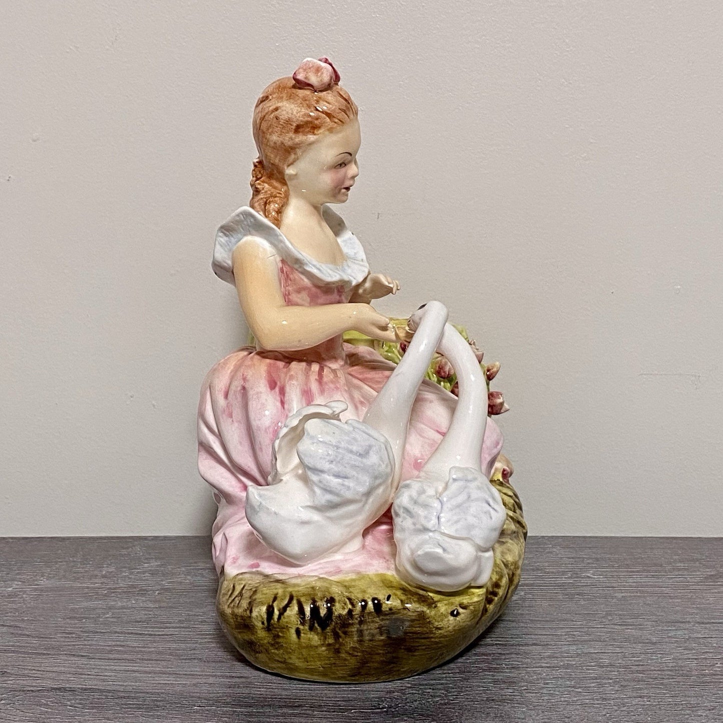 Vintage Arnart Creation Flower Planter Hand Painted Lady Feeding Swan Japan Rare