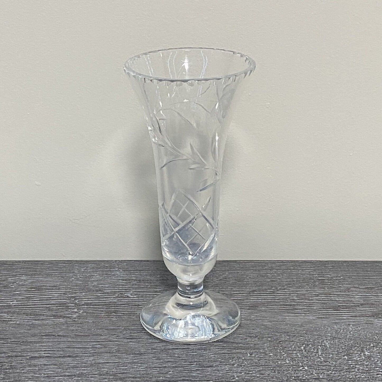 Vintage Crystal Cut Glass Clear Round Floral Art Deco Flared Fluted Flower Vase