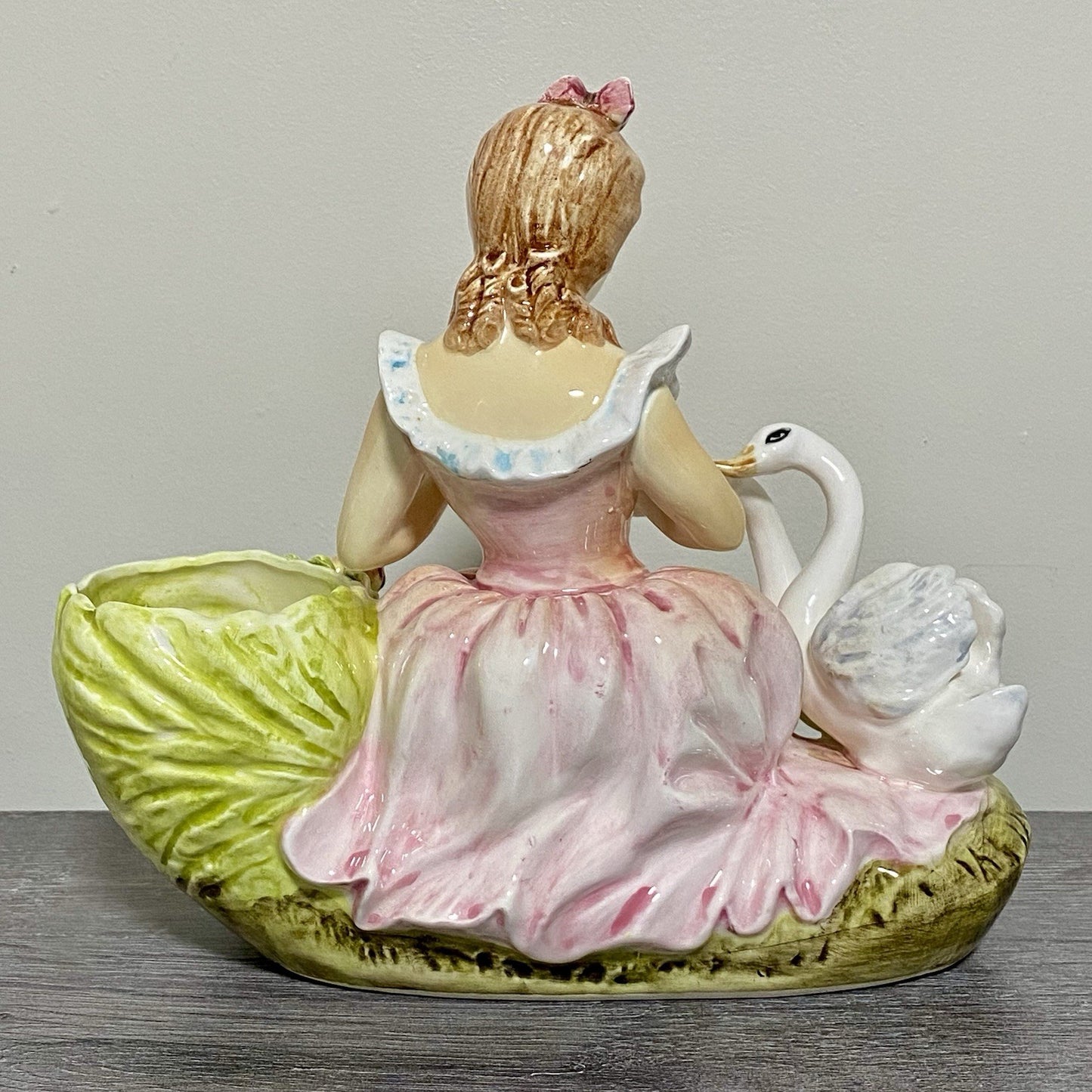 Vintage Arnart Creation Flower Planter Hand Painted Lady Feeding Swan Japan Rare