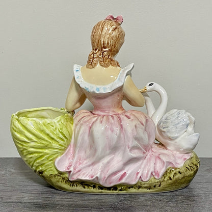 Vintage Arnart Creation Flower Planter Hand Painted Lady Feeding Swan Japan Rare
