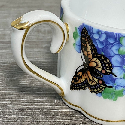 Stackable Tea Cup Coffee Mug Decorative Floral Butterfly Hydrangeas Gold Trim