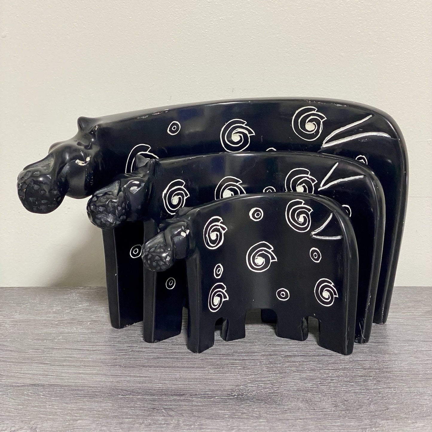 Hippo Sculpture Figurine Art Deco Soapstone 3 Piece Set Handmade Made In Kenya