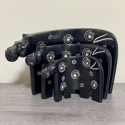 Hippo Sculpture Figurine Art Deco Soapstone 3 Piece Set Handmade Made In Kenya