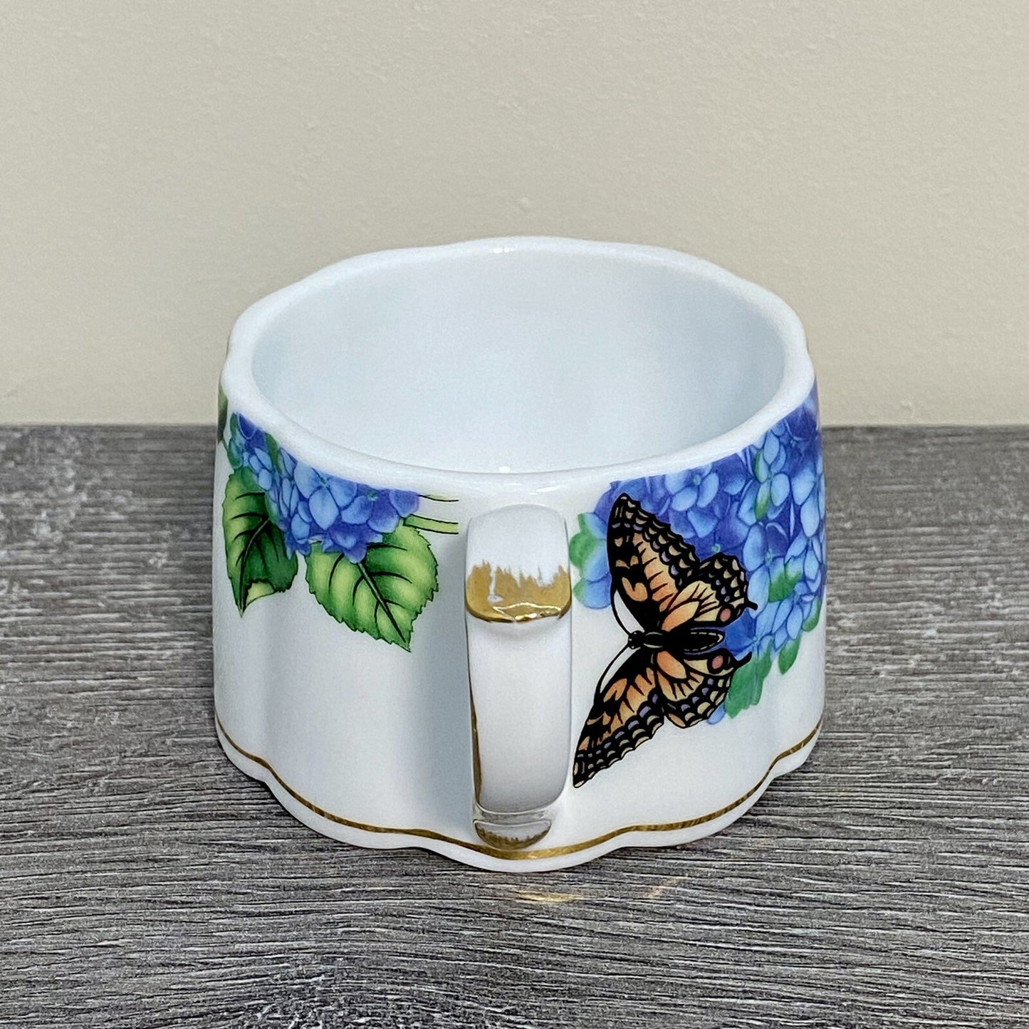 Stackable Tea Cup Coffee Mug Decorative Floral Butterfly Hydrangeas Gold Trim