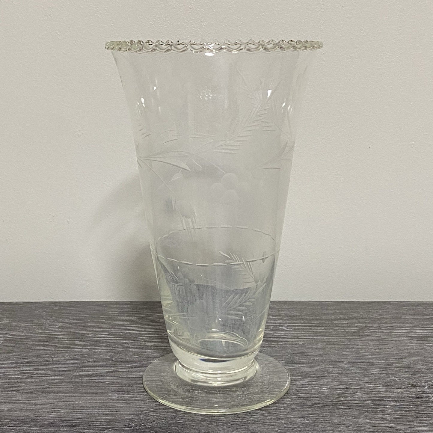 Vintage Crystal Cut Glass Clear Round Floral Art Deco Flared Rimmed Edge Vase