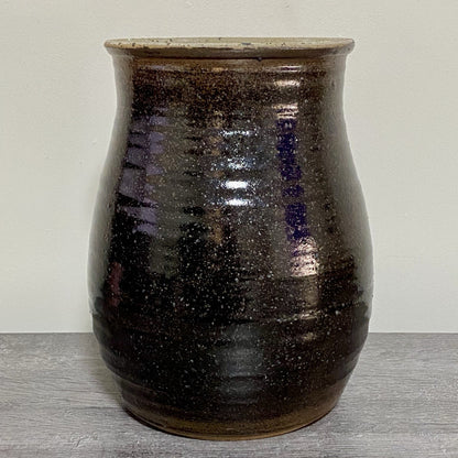 Vintage Large Round Stone Stoneware Pottery Pot Crown Symbol Brown No Lid Rare