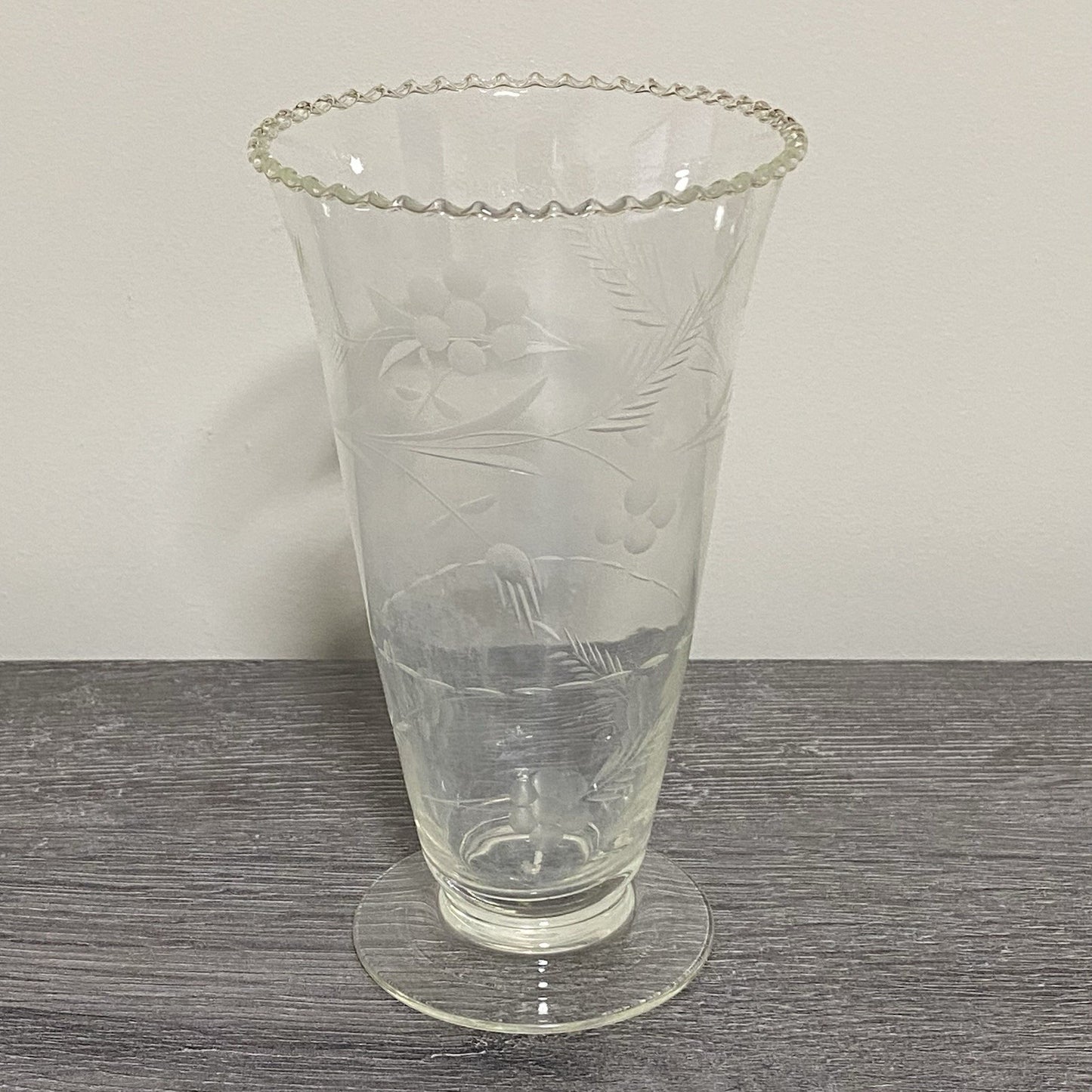 Vintage Crystal Cut Glass Clear Round Floral Art Deco Flared Rimmed Edge Vase