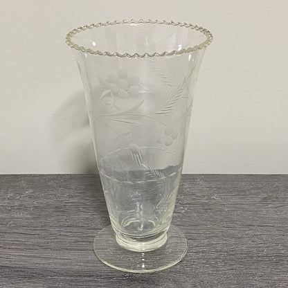 Vintage Crystal Cut Glass Clear Round Floral Art Deco Flared Rimmed Edge Vase
