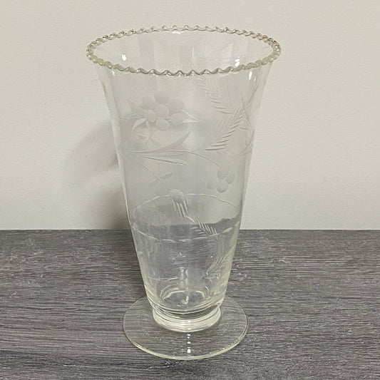 Vintage Crystal Cut Glass Clear Round Floral Art Deco Flared Rimmed Edge Vase