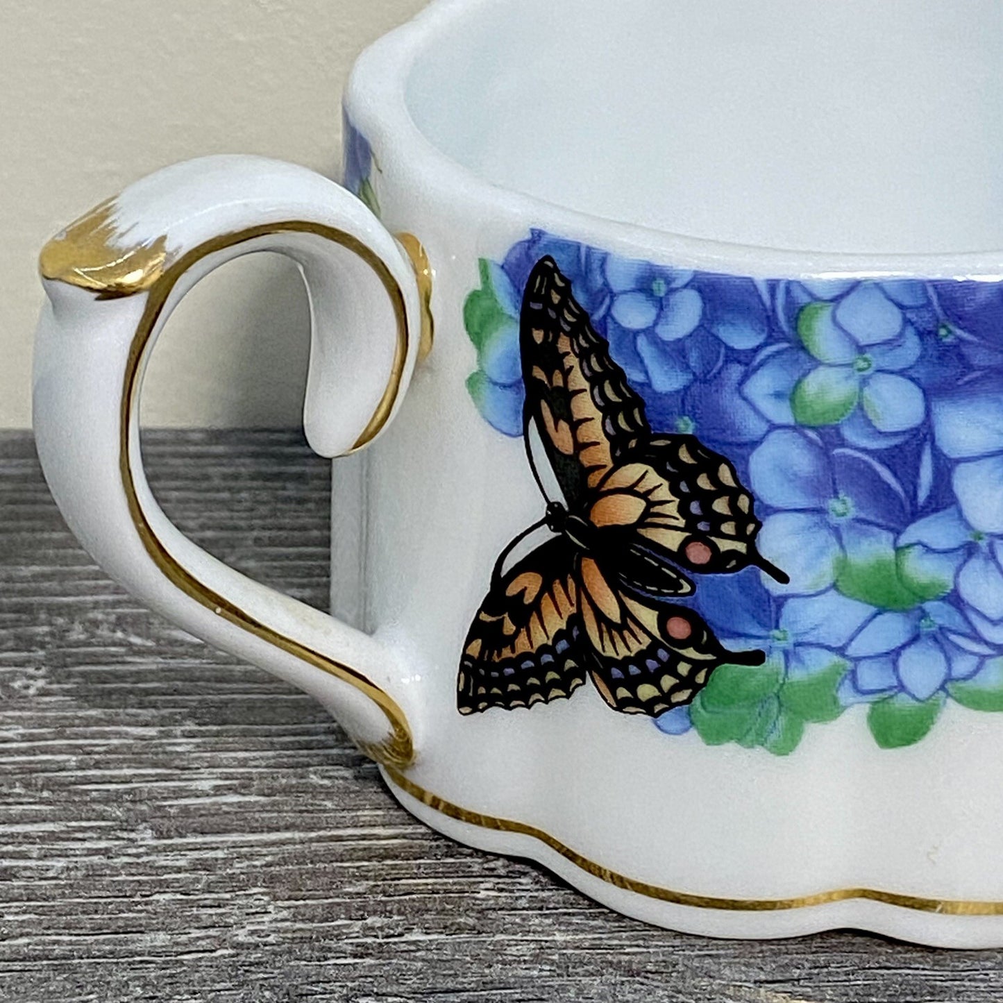 Stackable Tea Cup Coffee Mug Decorative Floral Butterfly Hydrangeas Gold Trim