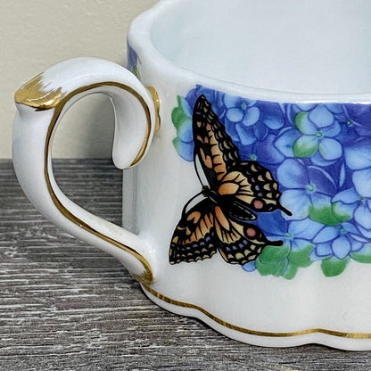 Stackable Tea Cup Coffee Mug Decorative Floral Butterfly Hydrangeas Gold Trim