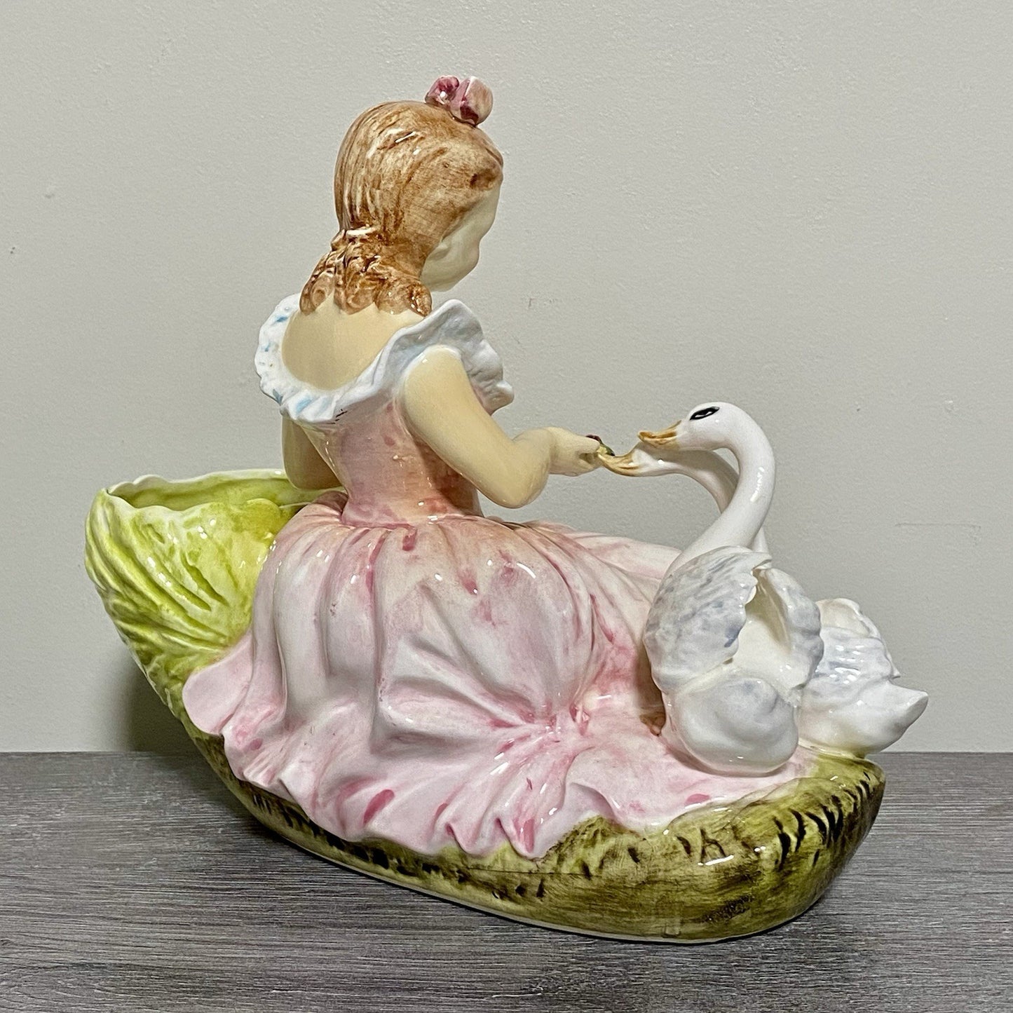 Vintage Arnart Creation Flower Planter Hand Painted Lady Feeding Swan Japan Rare