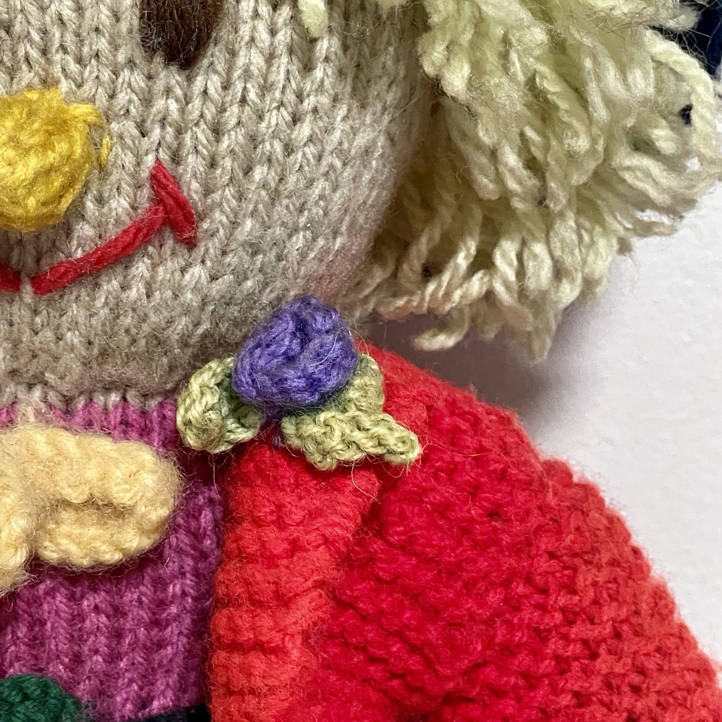 Vintage Hand Knitted Scarecrow Doll Collectible Soft Toy With Bird On Shoulder