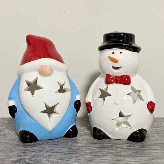 Christmas Tea Light Candle Holder Santa & Snowman Set Of 2 Xmas Decoration Pair