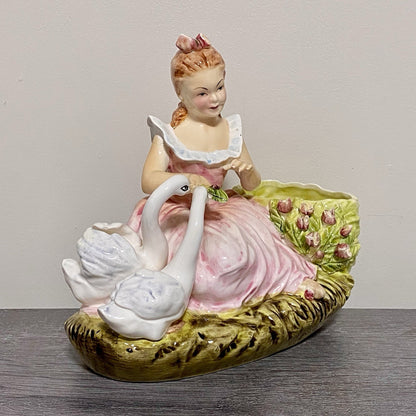 Vintage Arnart Creation Flower Planter Hand Painted Lady Feeding Swan Japan Rare
