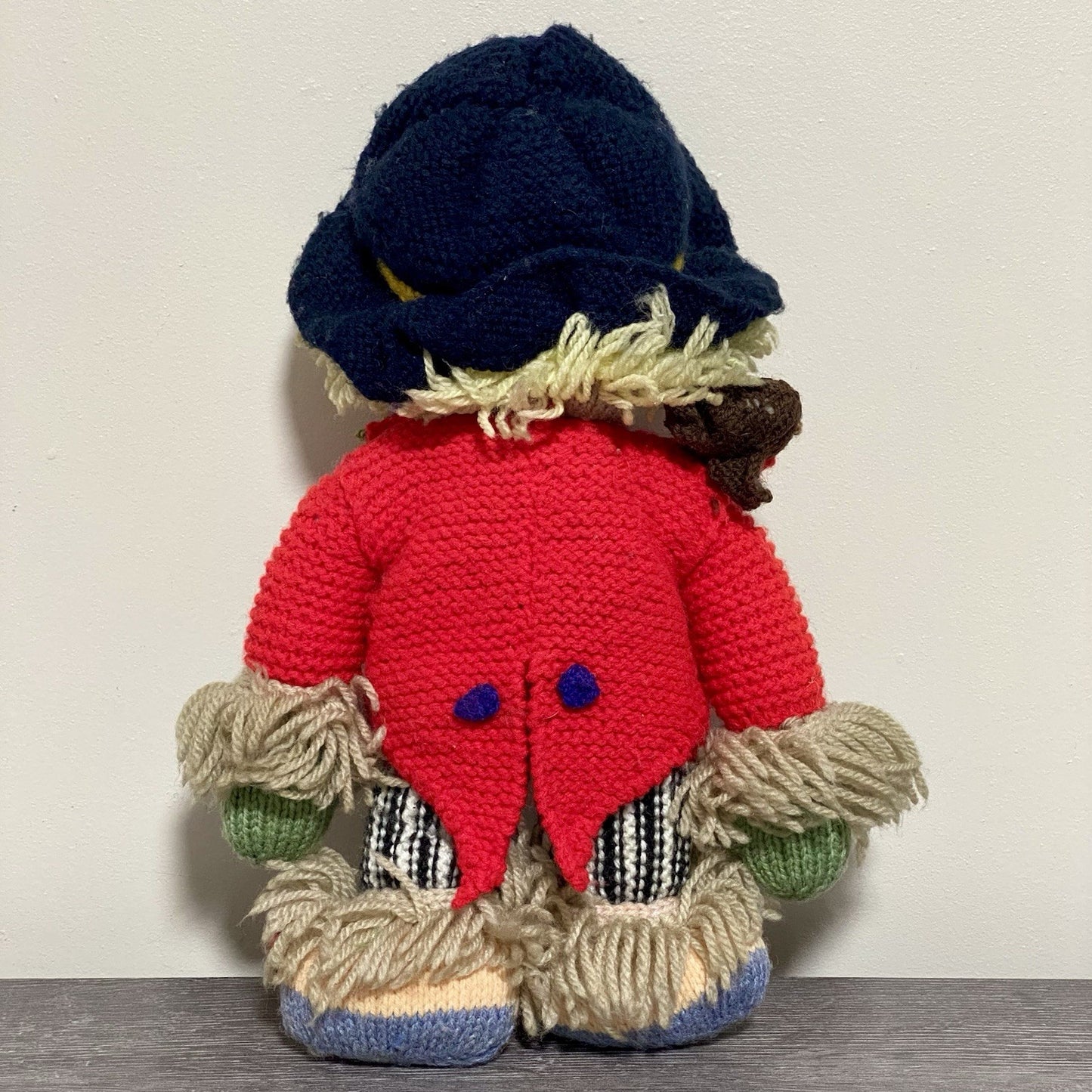 Vintage Hand Knitted Scarecrow Doll Collectible Soft Toy With Bird On Shoulder