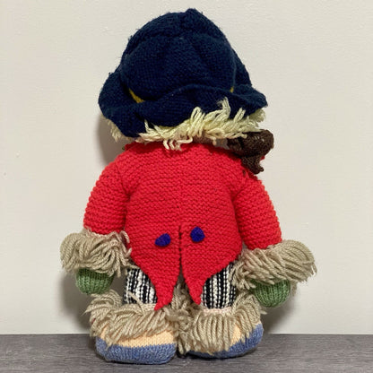 Vintage Hand Knitted Scarecrow Doll Collectible Soft Toy With Bird On Shoulder