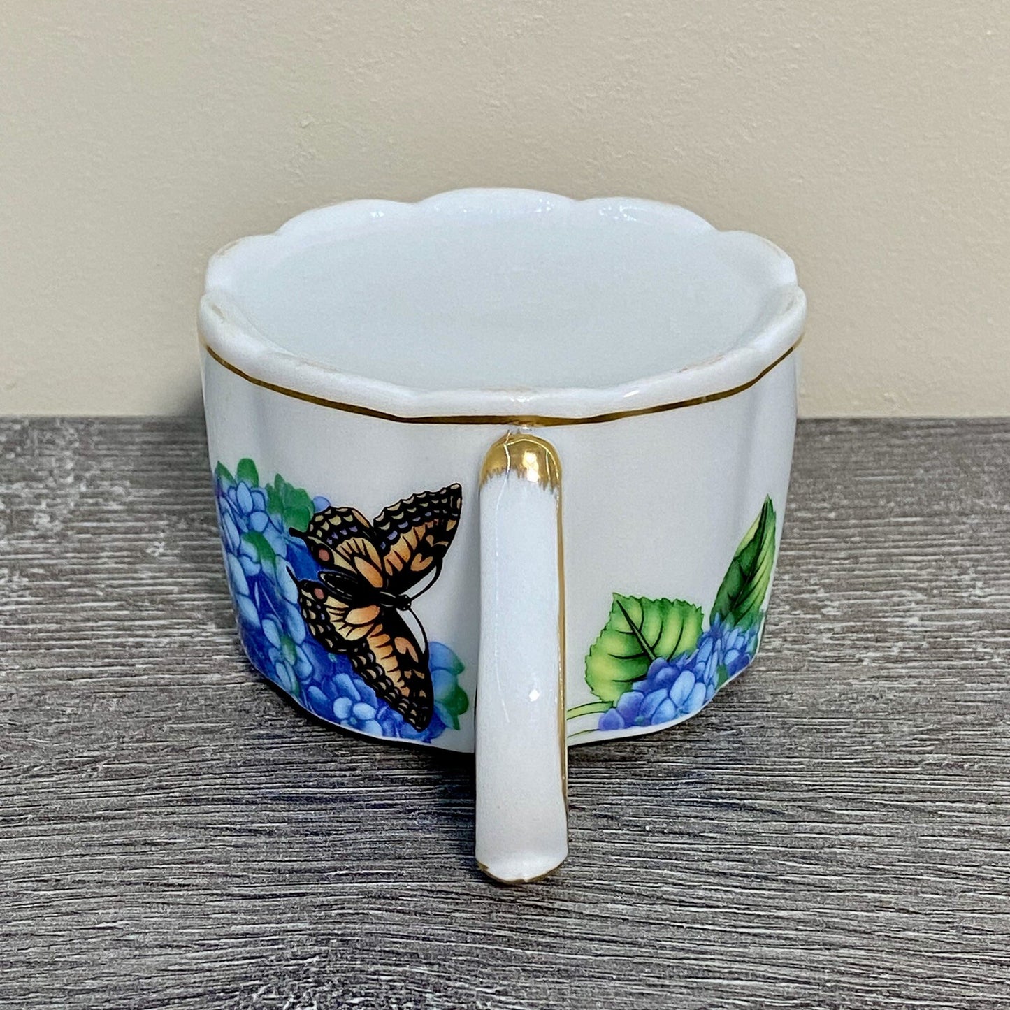 Stackable Tea Cup Coffee Mug Decorative Floral Butterfly Hydrangeas Gold Trim